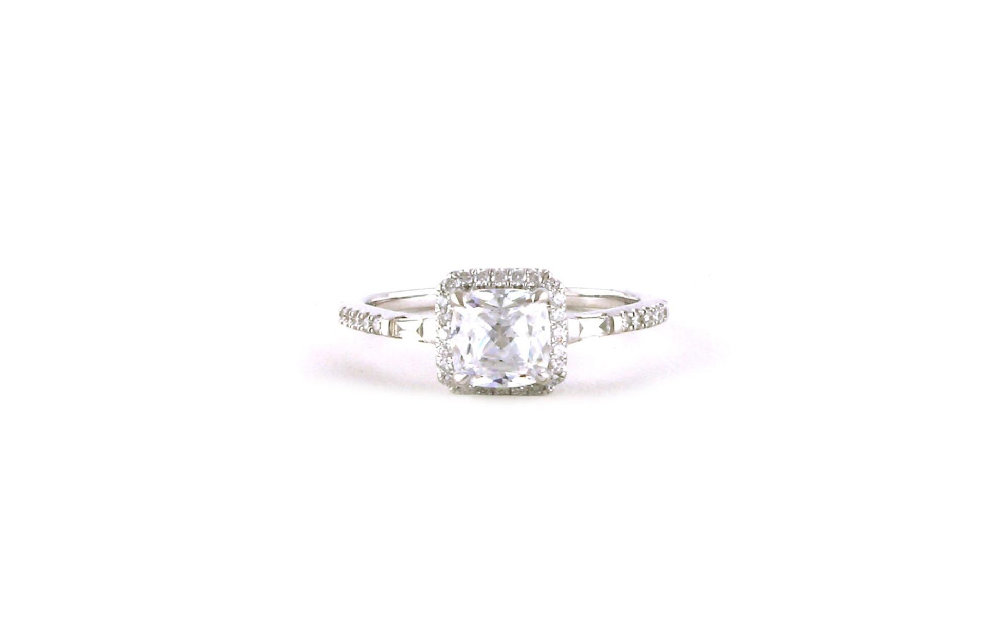 Halo-style Cushion-cut Engagement Ring Mounting with Baguette-cut Side-stones in White Gold (0.20cts TWT)