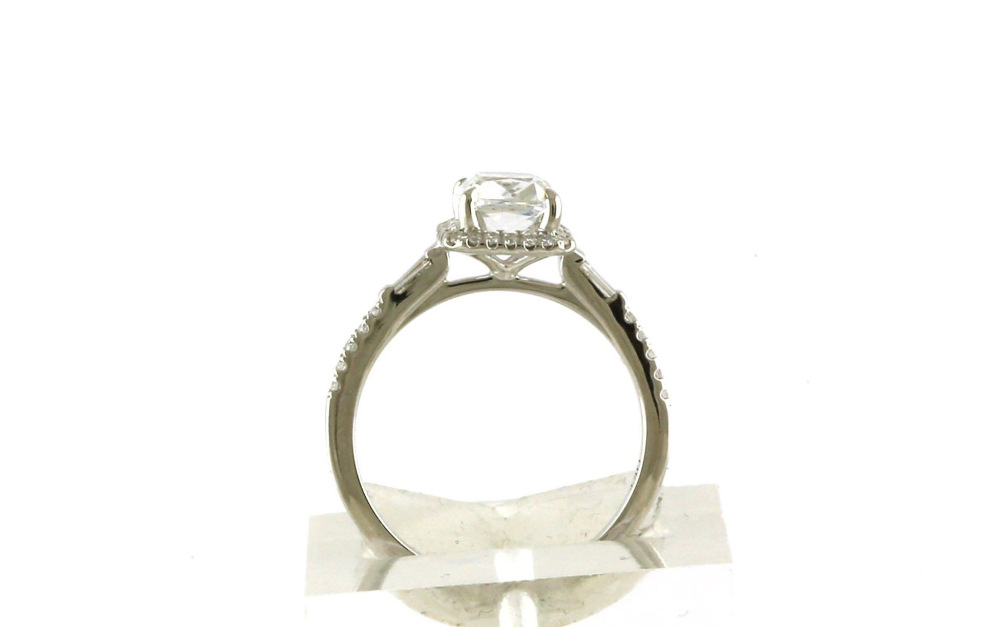 Halo-style Cushion-cut Engagement Ring Mounting with Baguette-cut Side-stones in White Gold (0.20cts TWT) side