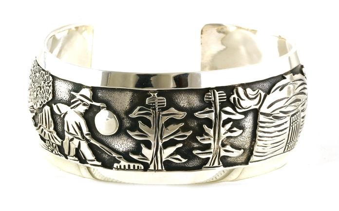 content/products/Estate Piece: Wide Farming Motif Engraved Patten Cuff Bracelet in Sterling Silver