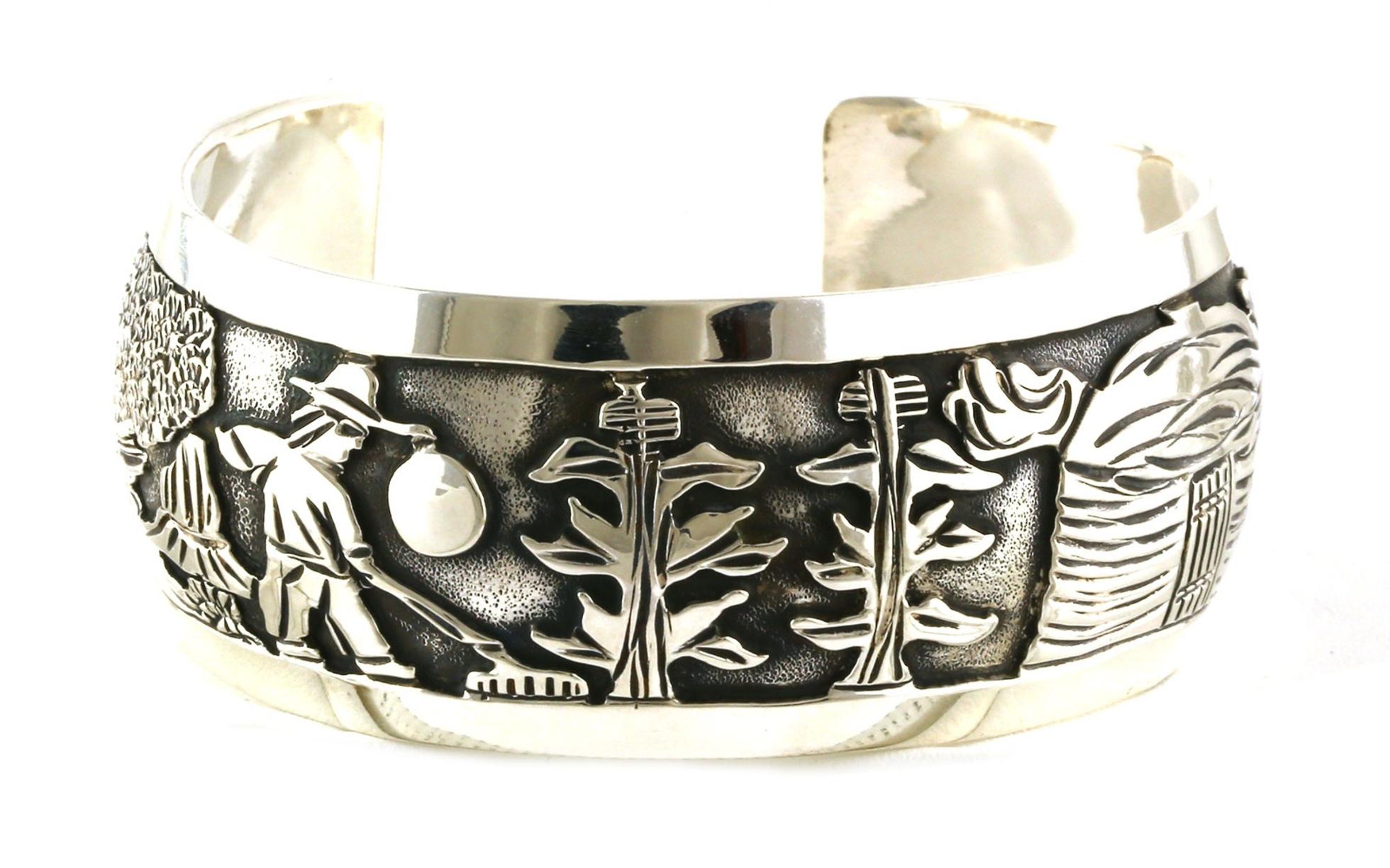 Estate Piece: Wide Farming Motif Engraved Patten Cuff Bracelet in Sterling Silver