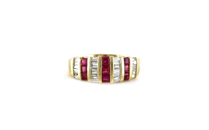 content/products/Estate Piece: 6-Row Channel-set Princess-cut Ruby and Baguette-cut Diamond Ring in Yellow Gold (0.65cts TWT)
