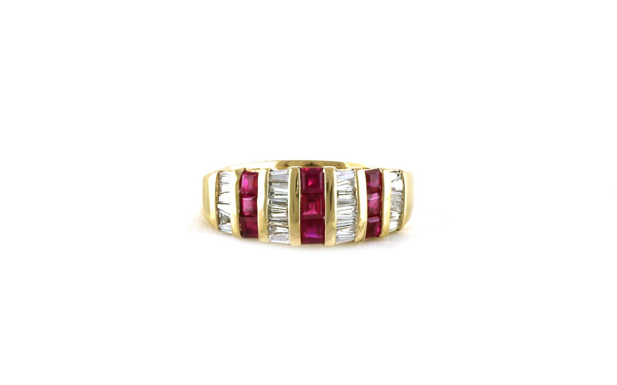 Estate Piece: 6-Row Channel-set Princess-cut Ruby and Baguette-cut Diamond Ring in Yellow Gold (0.65cts TWT)