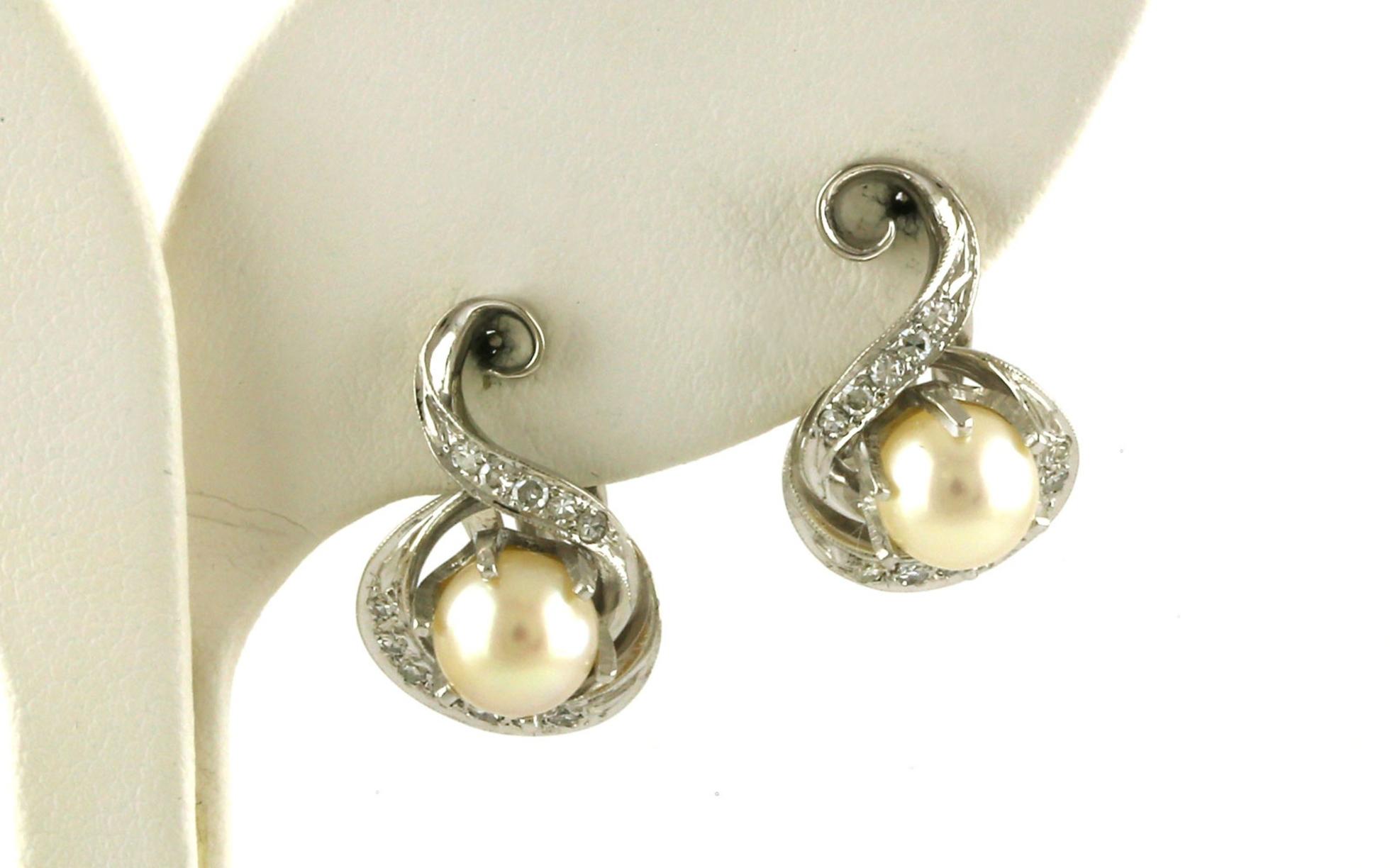 Estate Piece: Spiral Pearl and Diamond Clip-On Earrings in White Gold