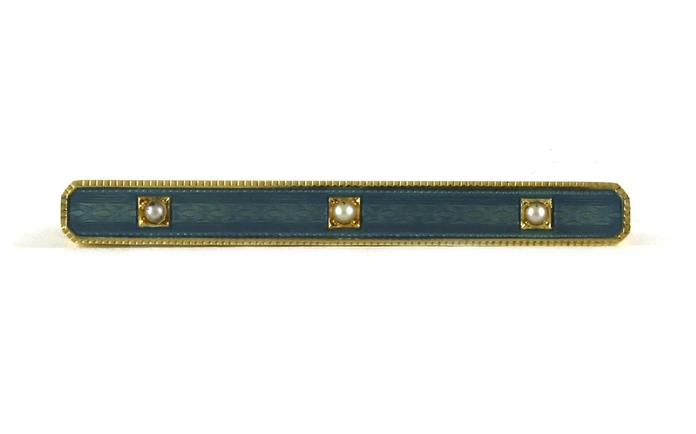 content/products/Estate Piece: 3-Stone Blue Enamel and Pearl Bar Brooch in Yellow Gold