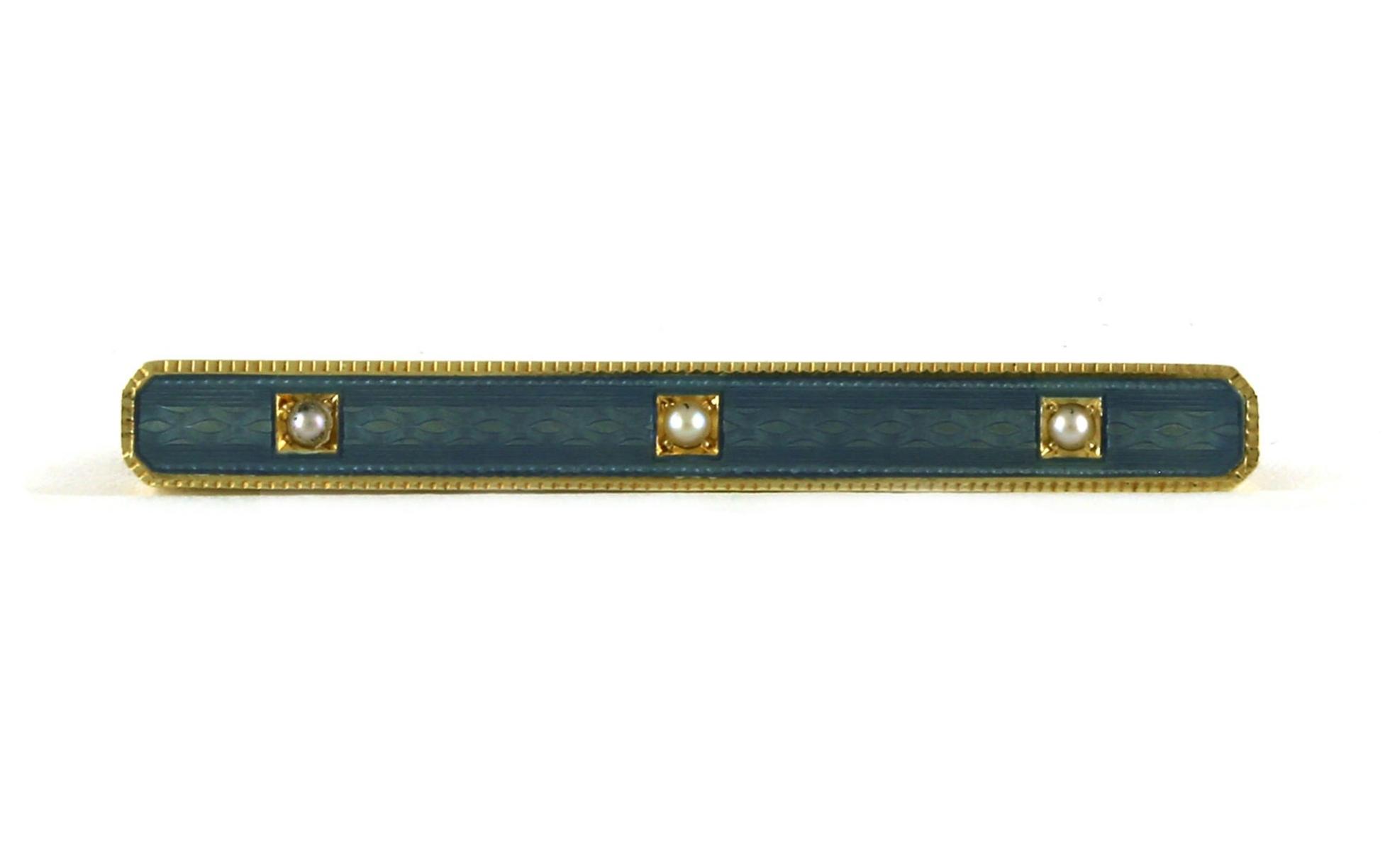 Estate Piece: 3-Stone Blue Enamel and Pearl Bar Brooch in Yellow Gold