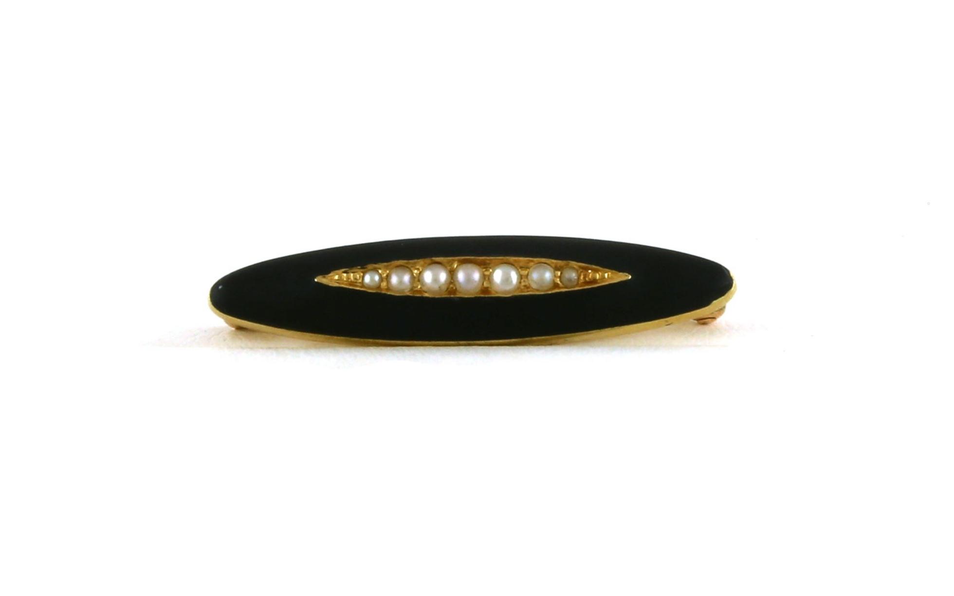 Estate Piece: 7-Stone Black Enamel and Pearl Oval Bar Brooch in Yellow Gold