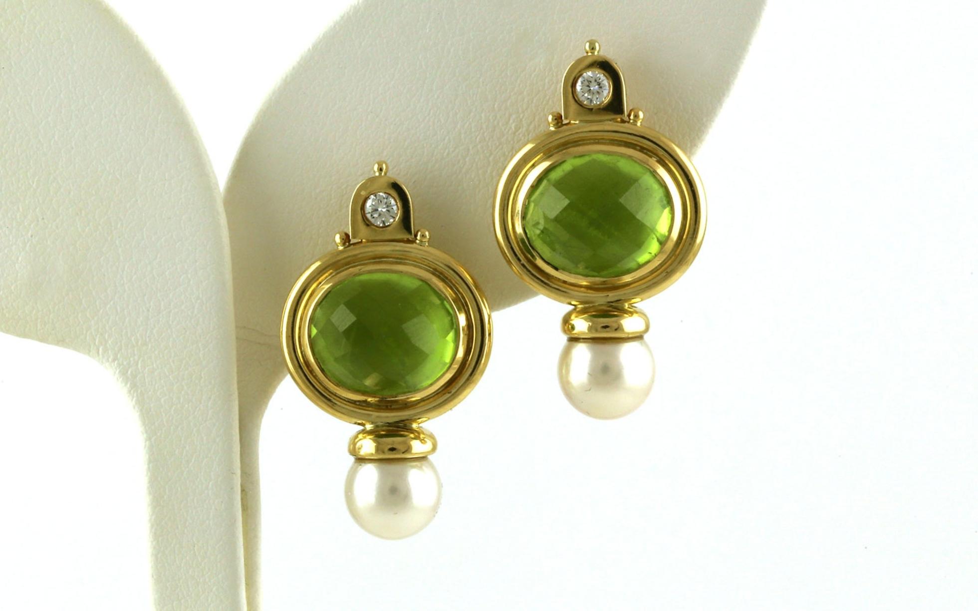 Estate Piece: Drop-style Oval Peridot, Pearl and Diamond Clip-On Earrings in Yellow Gold 