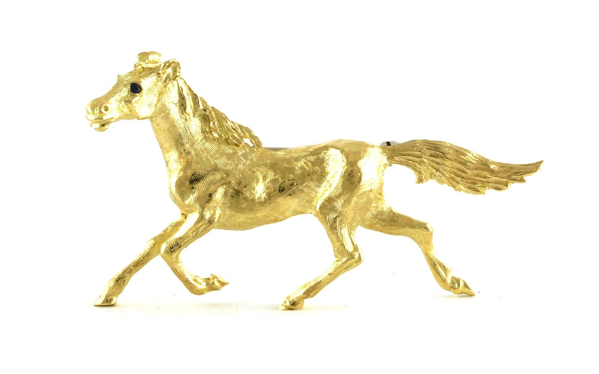 Estate Piece: Galloping Horse Pin/Brooch with Sapphire Eyes in Yellow Gold