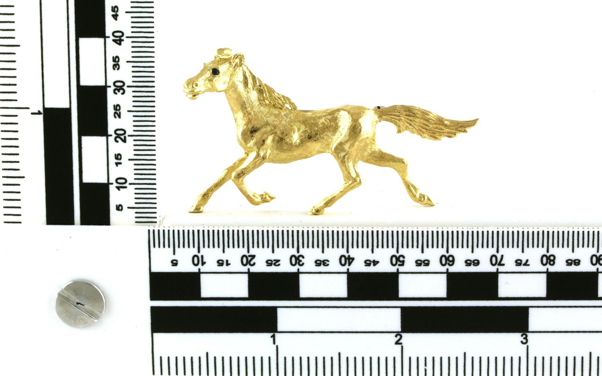 Estate Piece: Galloping Horse Pin/Brooch with Sapphire Eyes in Yellow Gold scale