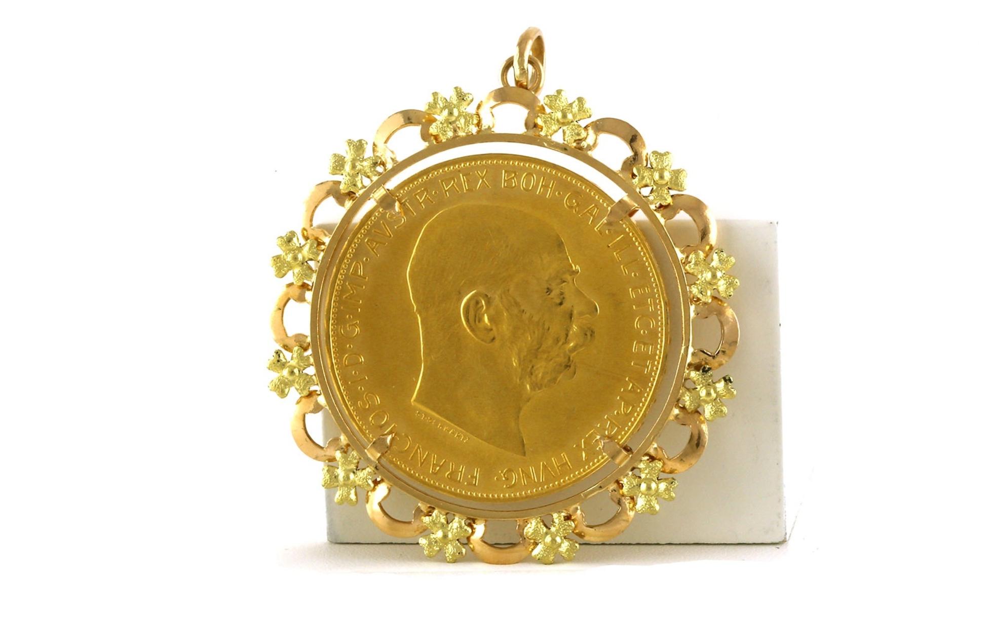 Estate Piece: Coin Pendant with Scalloped Floral Coin Frame in Two-tone Rose and Yellow Gold