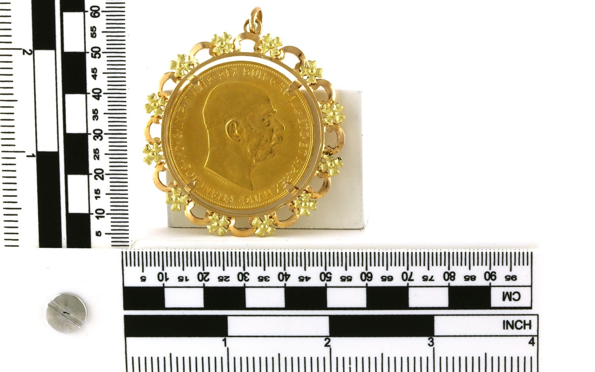 Estate Piece: Coin Pendant with Scalloped Floral Coin Frame in Two-tone Rose and Yellow Gold scale