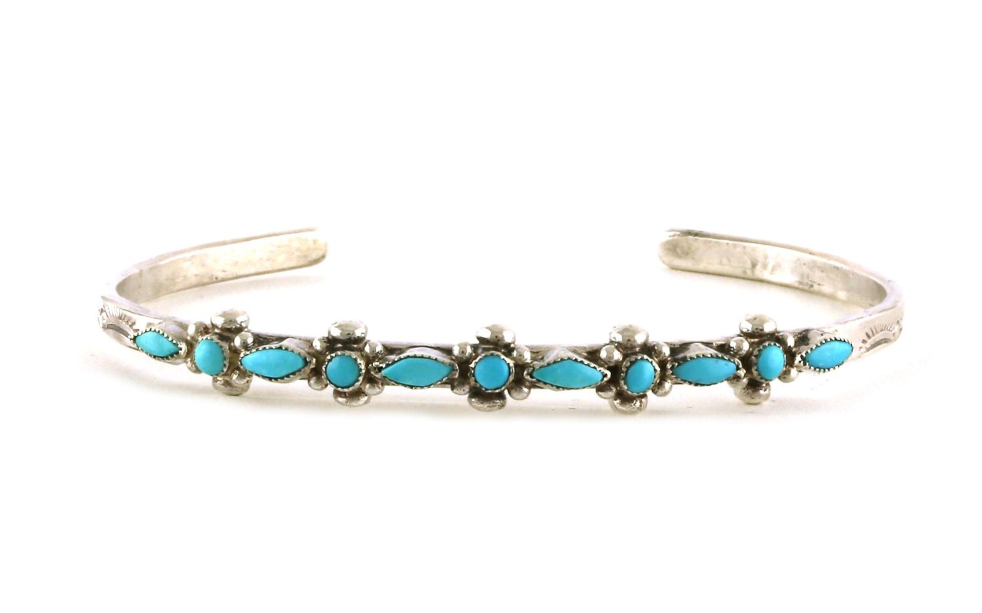 Estate Piece: Floral Marquise and Round Turquoise Cuff in Sterling Silver