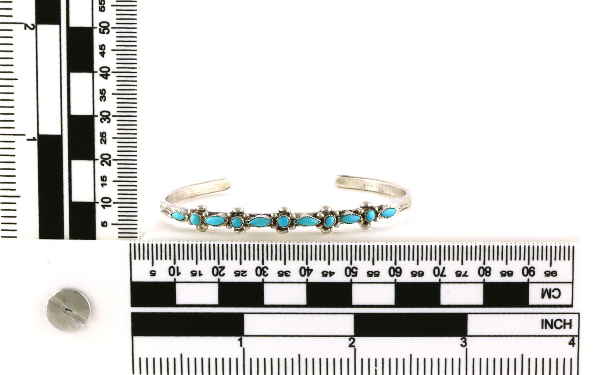 Estate Piece: Floral Marquise and Round Turquoise Cuff in Sterling Silver scale