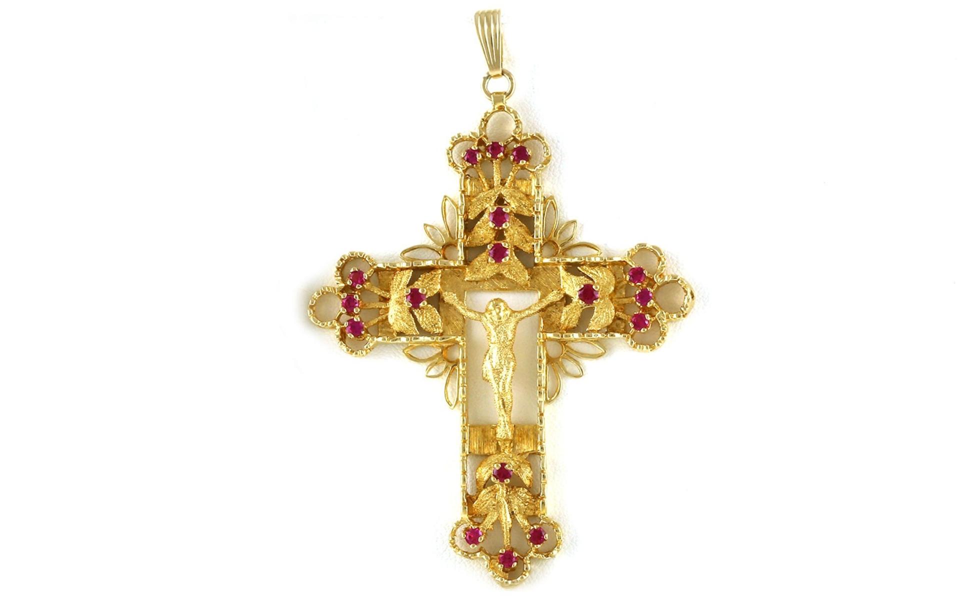 Estate Piece: Large Ruby Crucifix Pendant in Yellow Gold