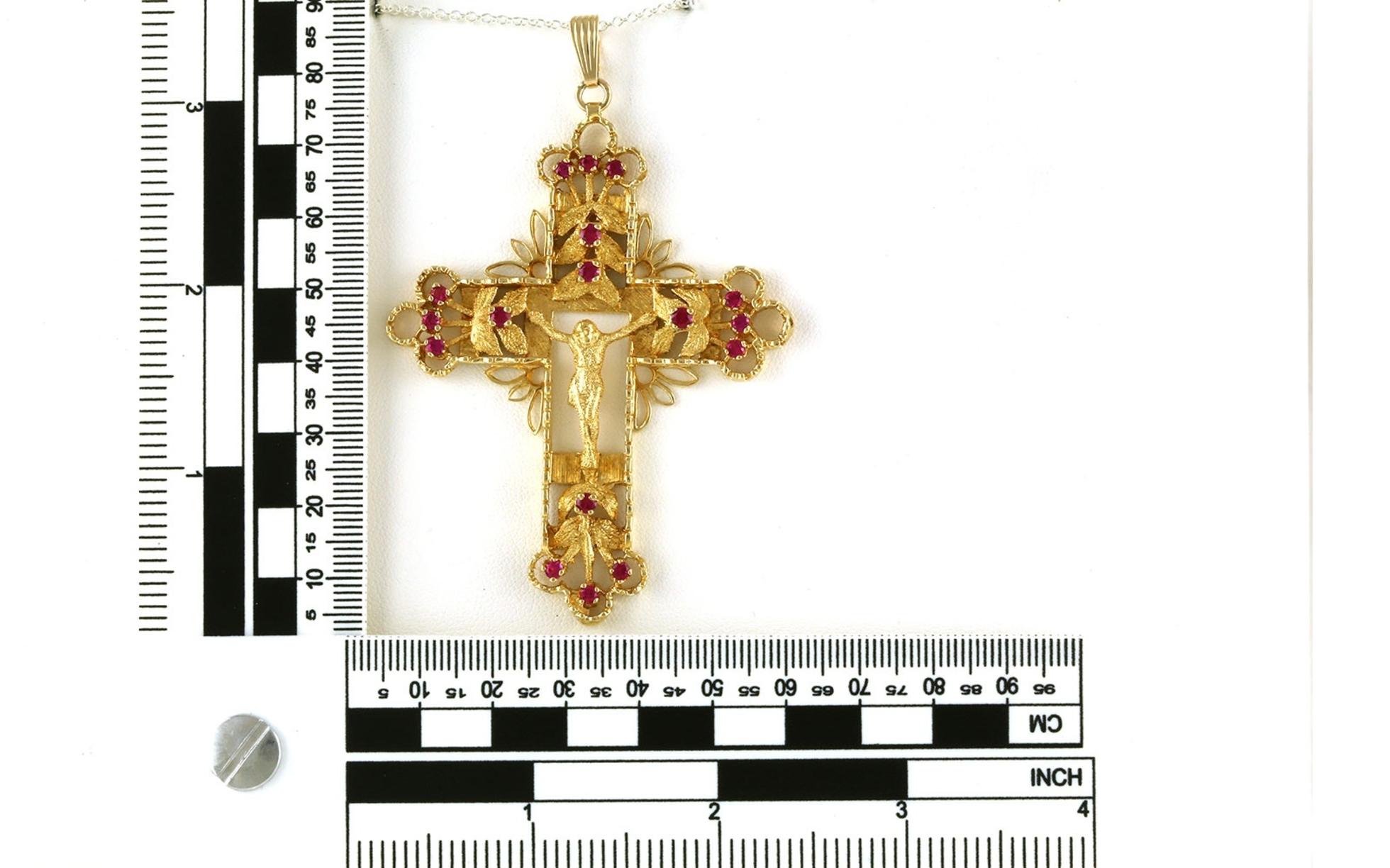 Estate Piece: Large Ruby Crucifix Pendant in Yellow Gold scale