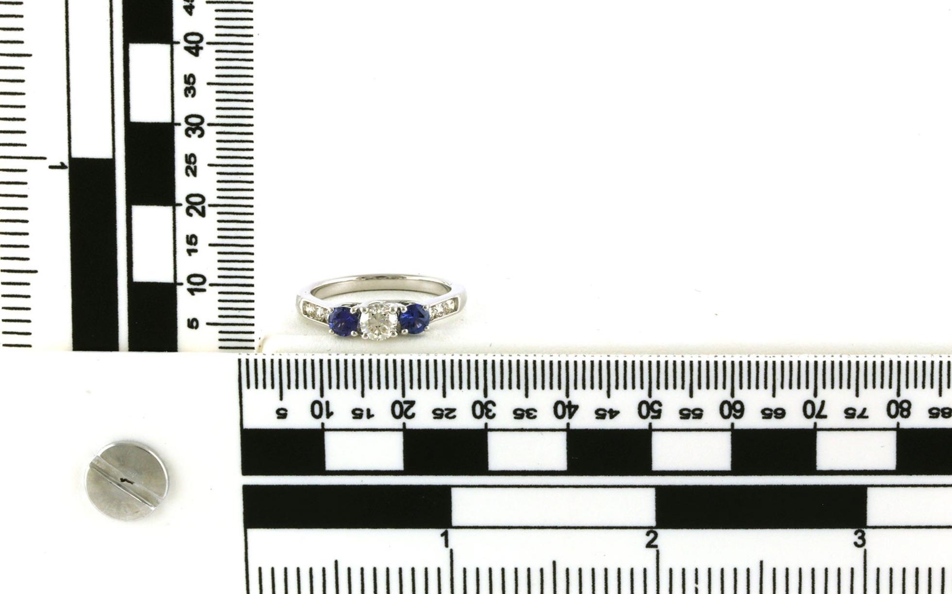 3-Stone Diamond and Montana Yogo Sapphire Ring with Channel-set Accent Diamonds in White Gold (1.10cts TWT) scale