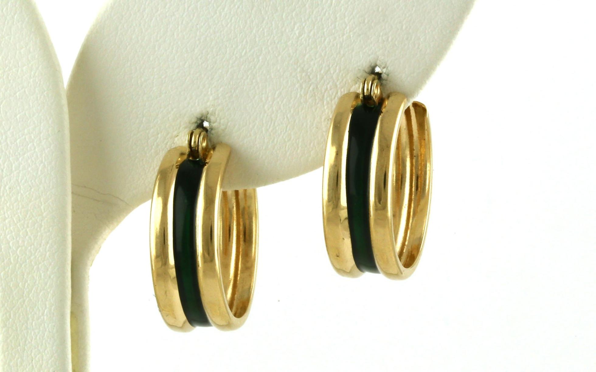 Estate Piece: Wide Dark Green Enamel Hoop Earrings in Yellow Gold 