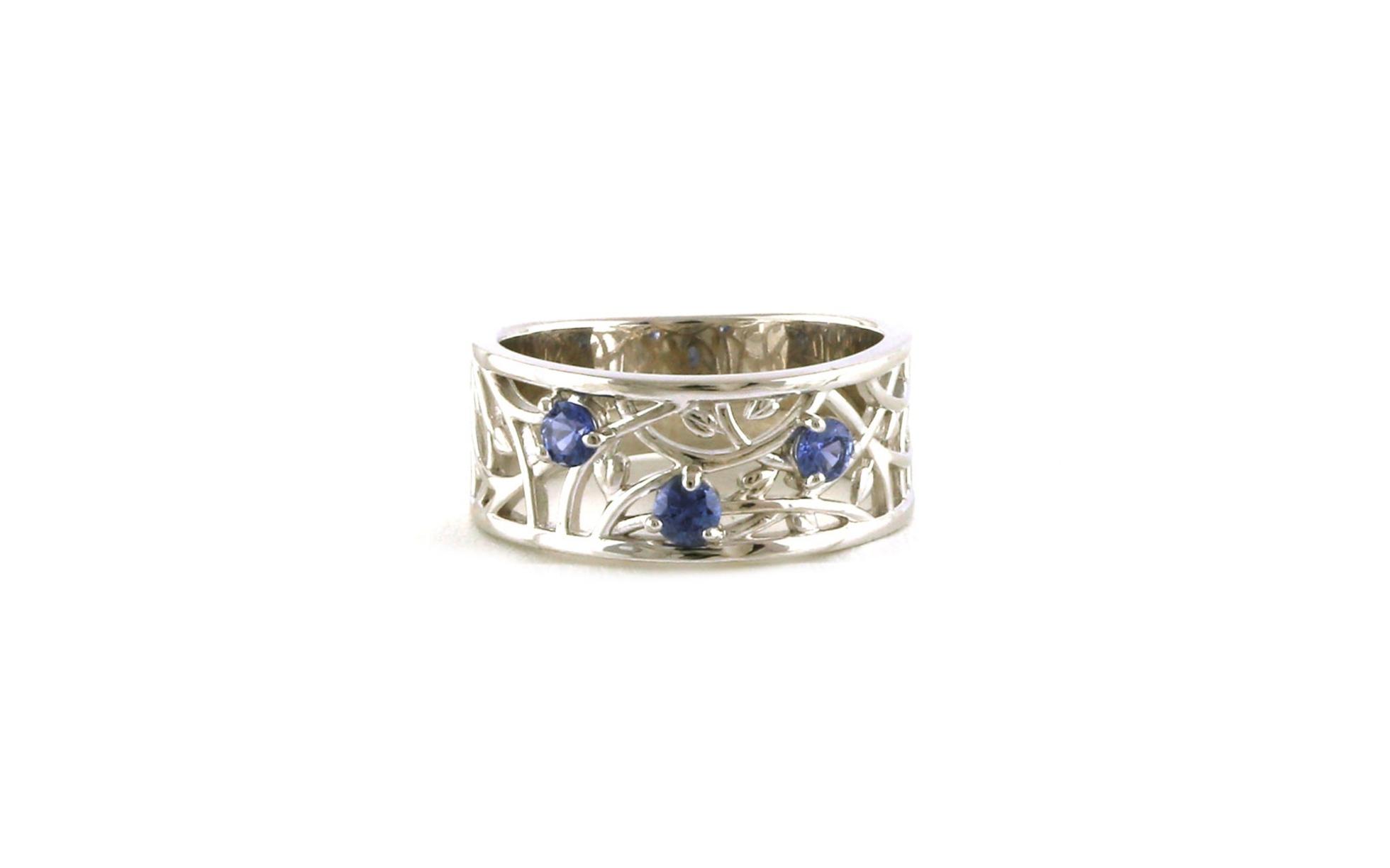 Wide 3-Stone Montana Yogo Sapphire Vines Ring in White Gold (0.27cts TWT)