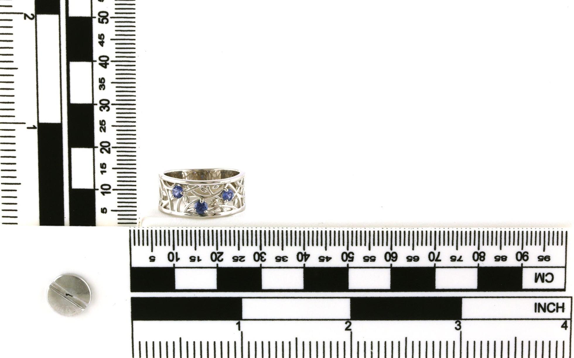 Wide 3-Stone Montana Yogo Sapphire Vines Ring in White Gold (0.27cts TWT) scale