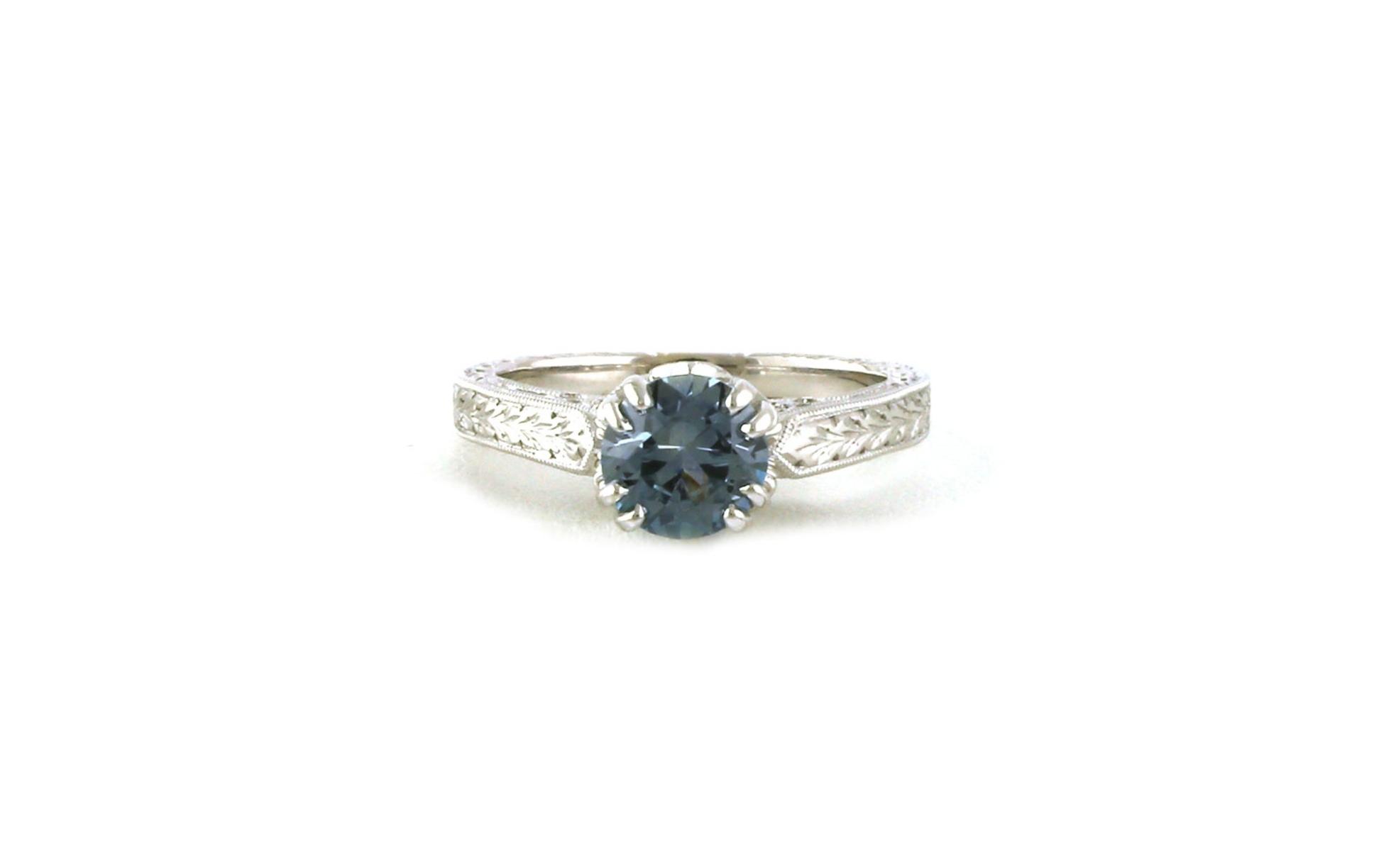 8-Prong Montana Sapphire Ring with Diamond Accented Crown and Hand Engraving Details in White Gold (1.32cts)