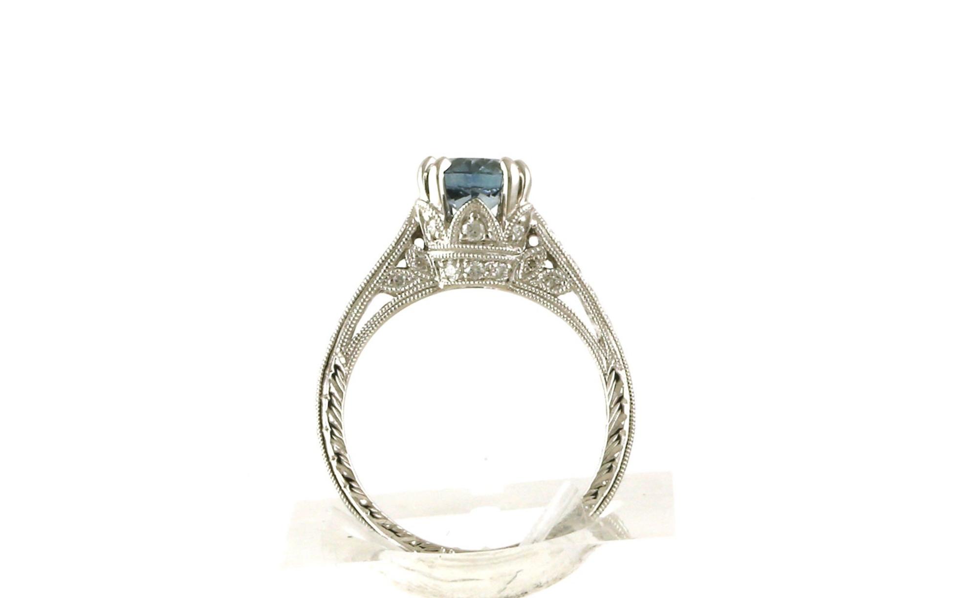8-Prong Montana Sapphire Ring with Diamond Accented Crown and Hand Engraving Details in White Gold (1.32cts) side
