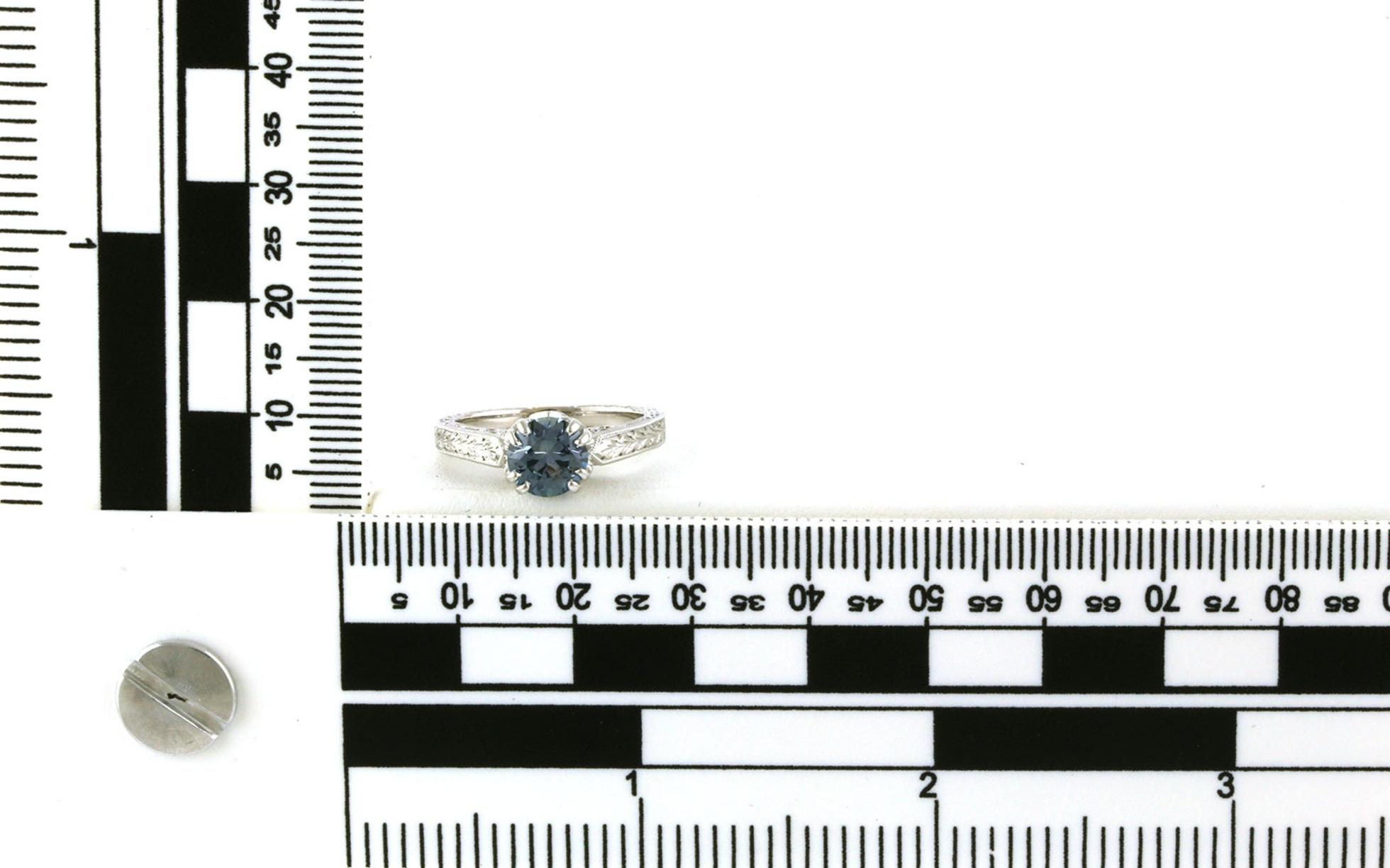 8-Prong Montana Sapphire Ring with Diamond Accented Crown and Hand Engraving Details in White Gold (1.32cts) scale