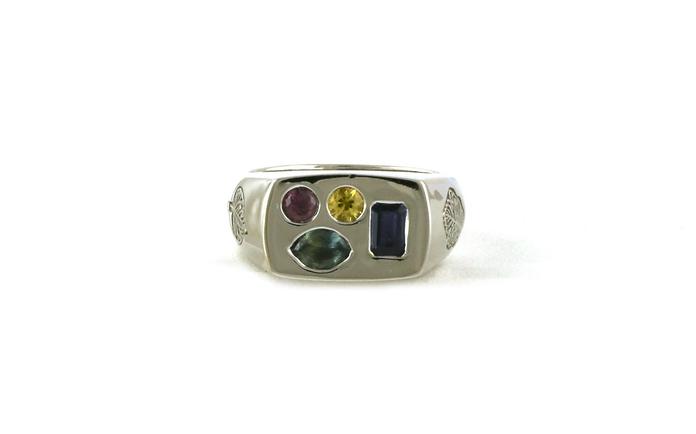 content/products/Estate Piece: 4-Stone Montana Yogo Sapphire and Montana Sapphire Signet Ring with Leaves and Old Faithfull Engraving in White Gold