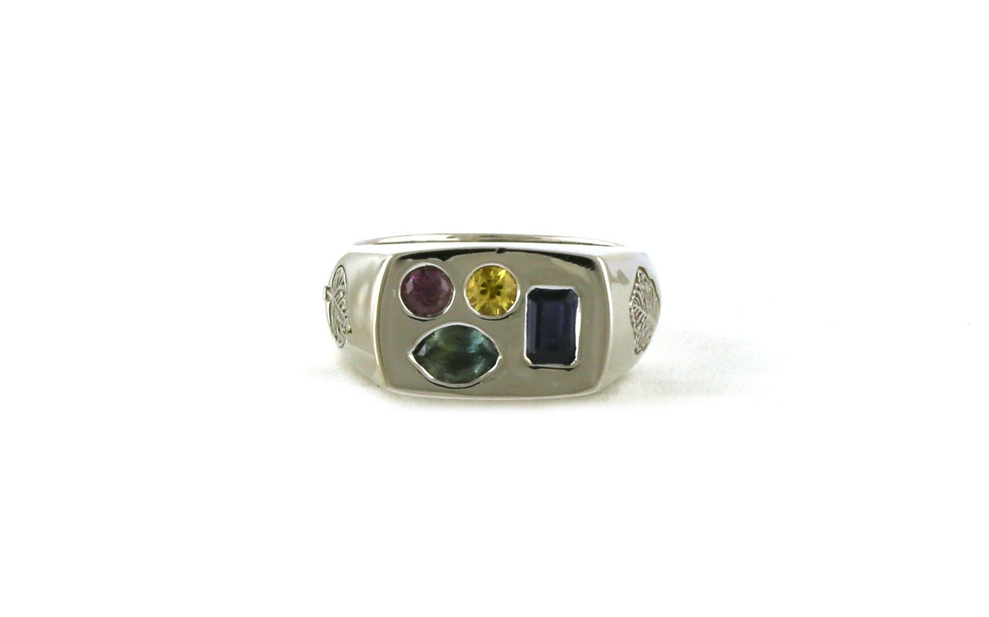 Estate Piece: 4-Stone Montana Yogo Sapphire and Montana Sapphire Signet Ring with Leaves and Old Faithfull Engraving in White Gold