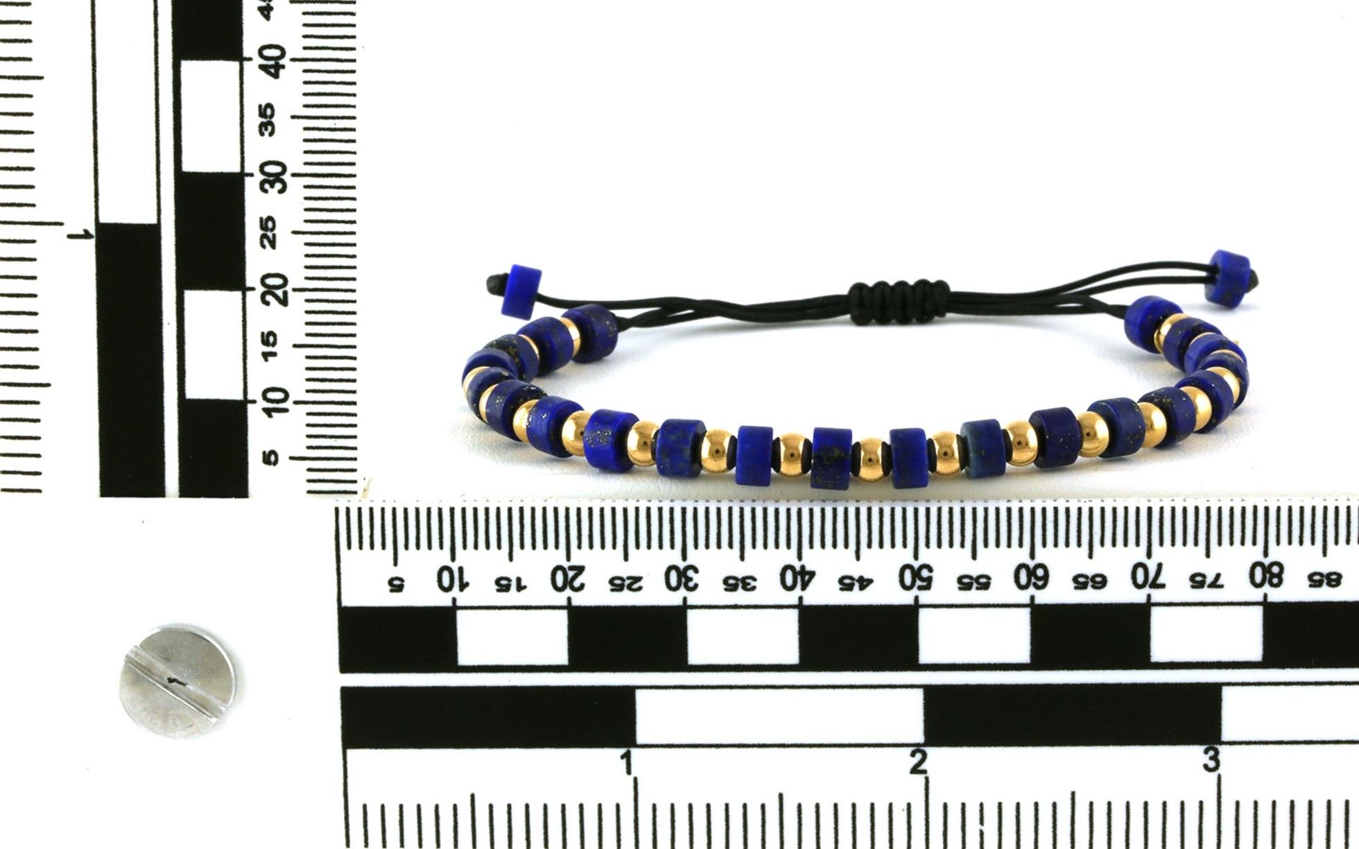 Estate Piece: Bolo-style Lapis Lazuli and Gold Beaded Bracelet on Black Nylon Cord scale