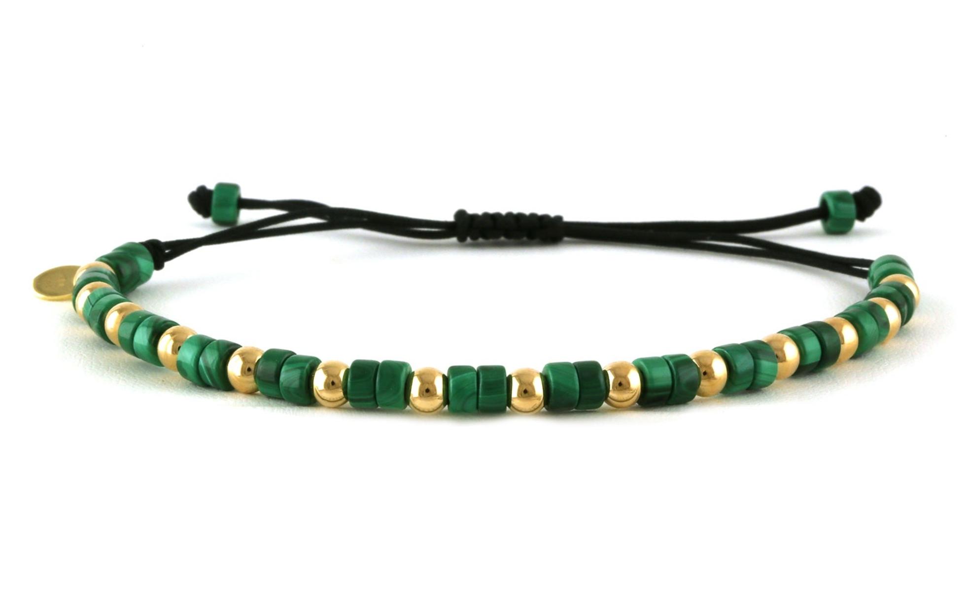 Estate Piece: Bolo-style Malachite and Gold Beaded Bracelet on Black Nylon Cord