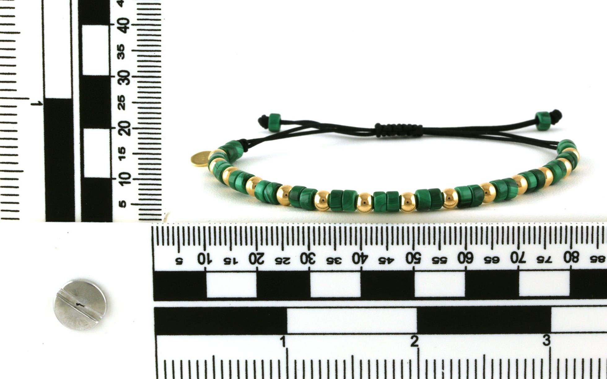 Estate Piece: Bolo-style Malachite and Gold Beaded Bracelet on Black Nylon Cord scale