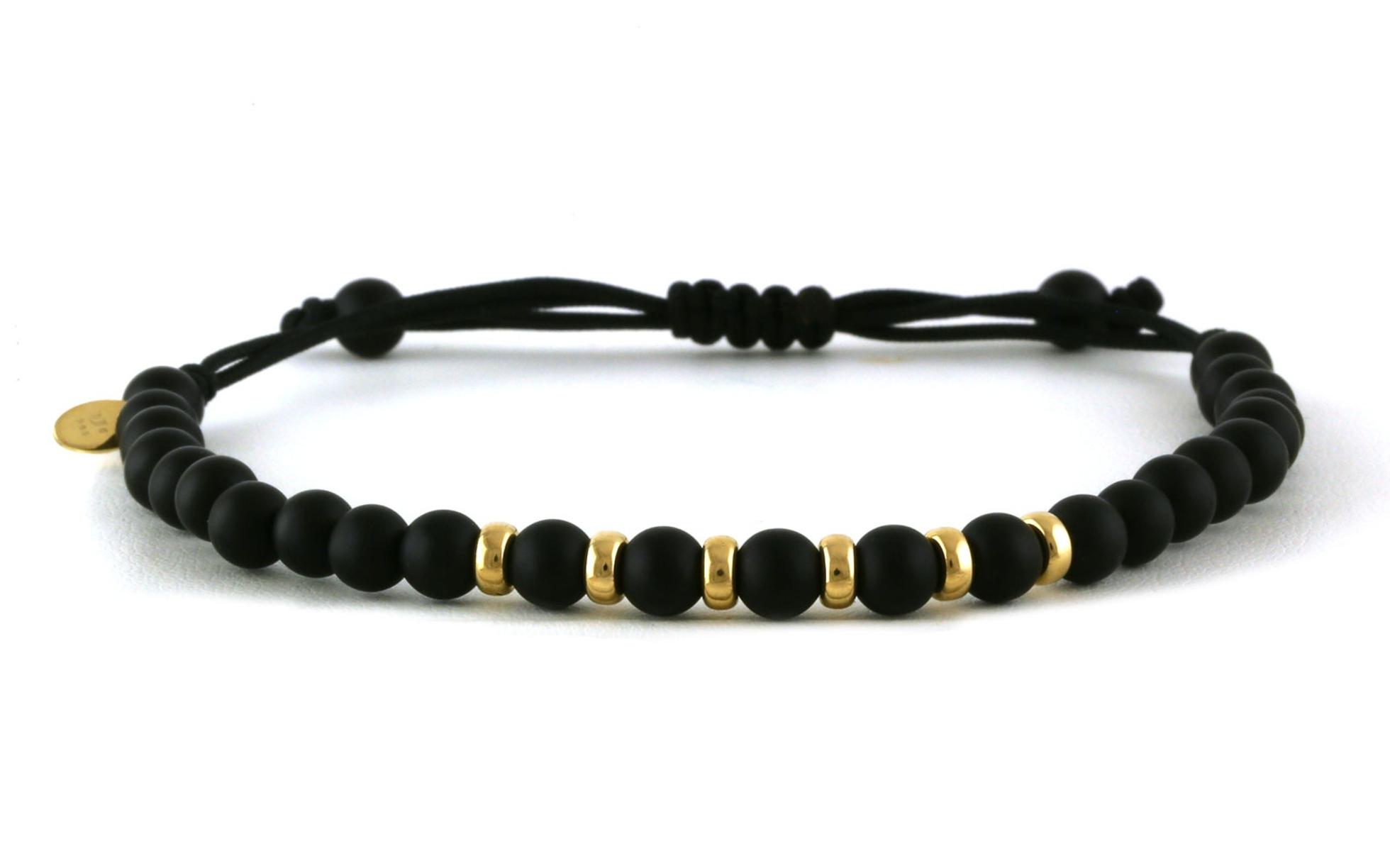 Bolo-style Black Onyx and Gold Beaded Bracelet on Black Nylon Cord