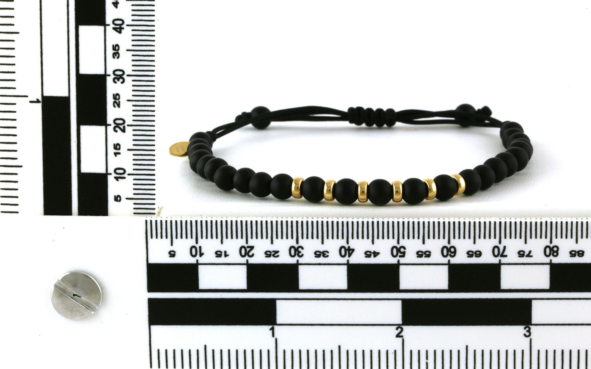 Bolo-style Black Onyx and Gold Beaded Bracelet on Black Nylon Cord scale