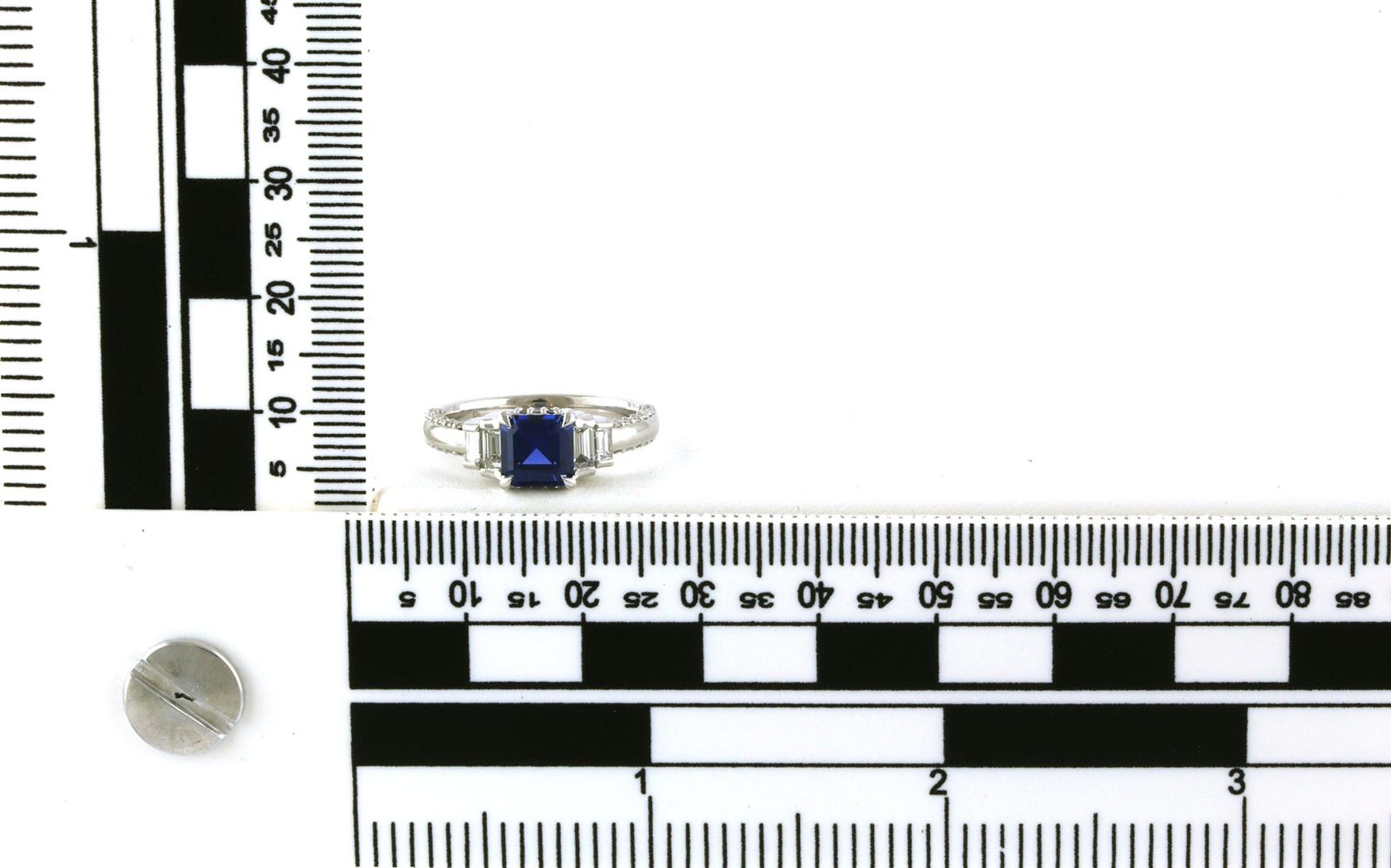 Art Deco 5-Stone Asscher-cut Montana Yogo Sapphire and Diamond Ring in White Gold (1.89cts TWT) scale