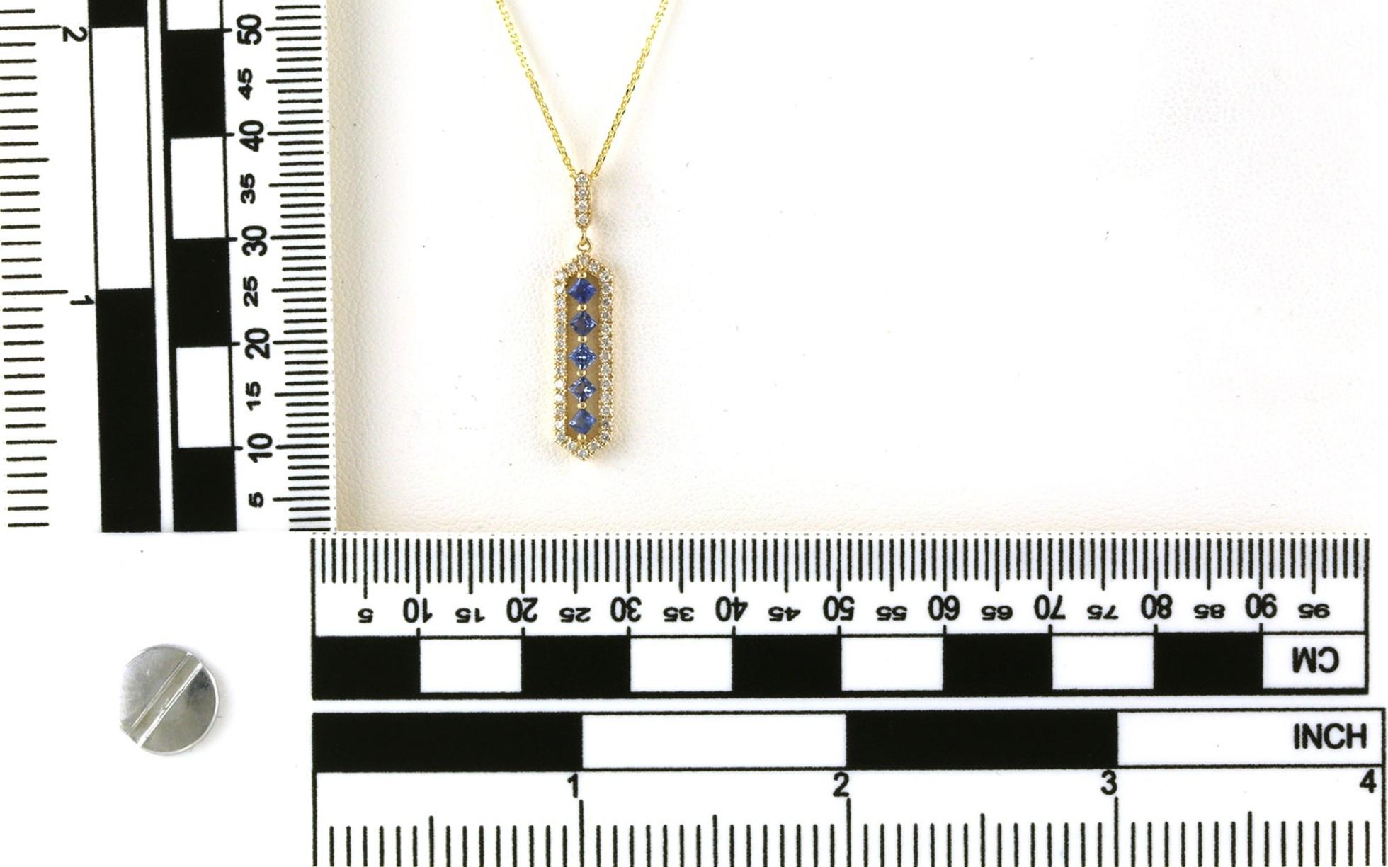 Elongated Hexagonal 5-Stone Drop Style Montana Yogo Sapphire and Diamond Necklace in Yellow Gold (0.50cts TWT) Scale