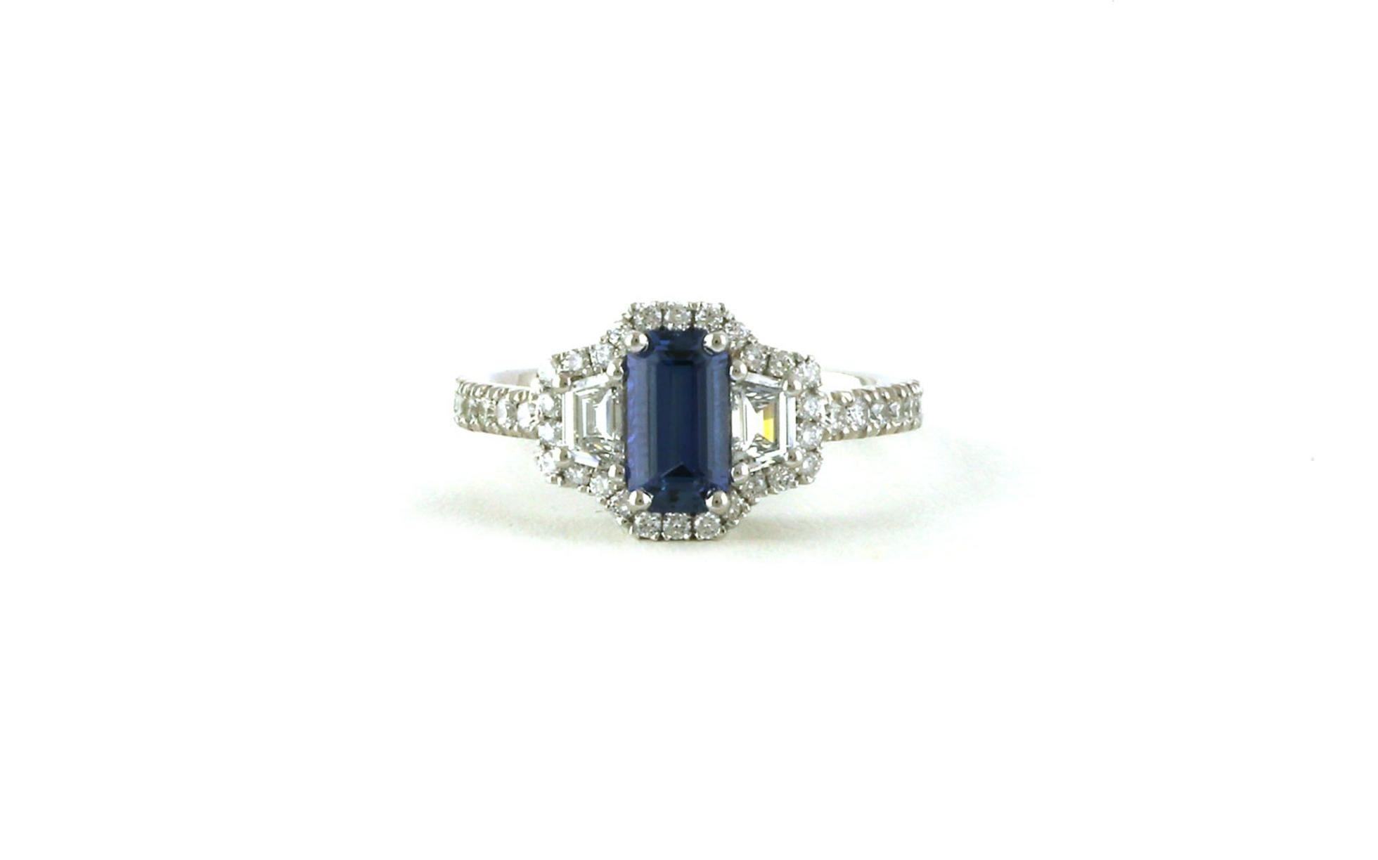 3-Stone Halo Emerald-cut Montana Yogo Sapphire and Trapezoid-cut Diamond Ring in White Gold (1.81cts TWT)