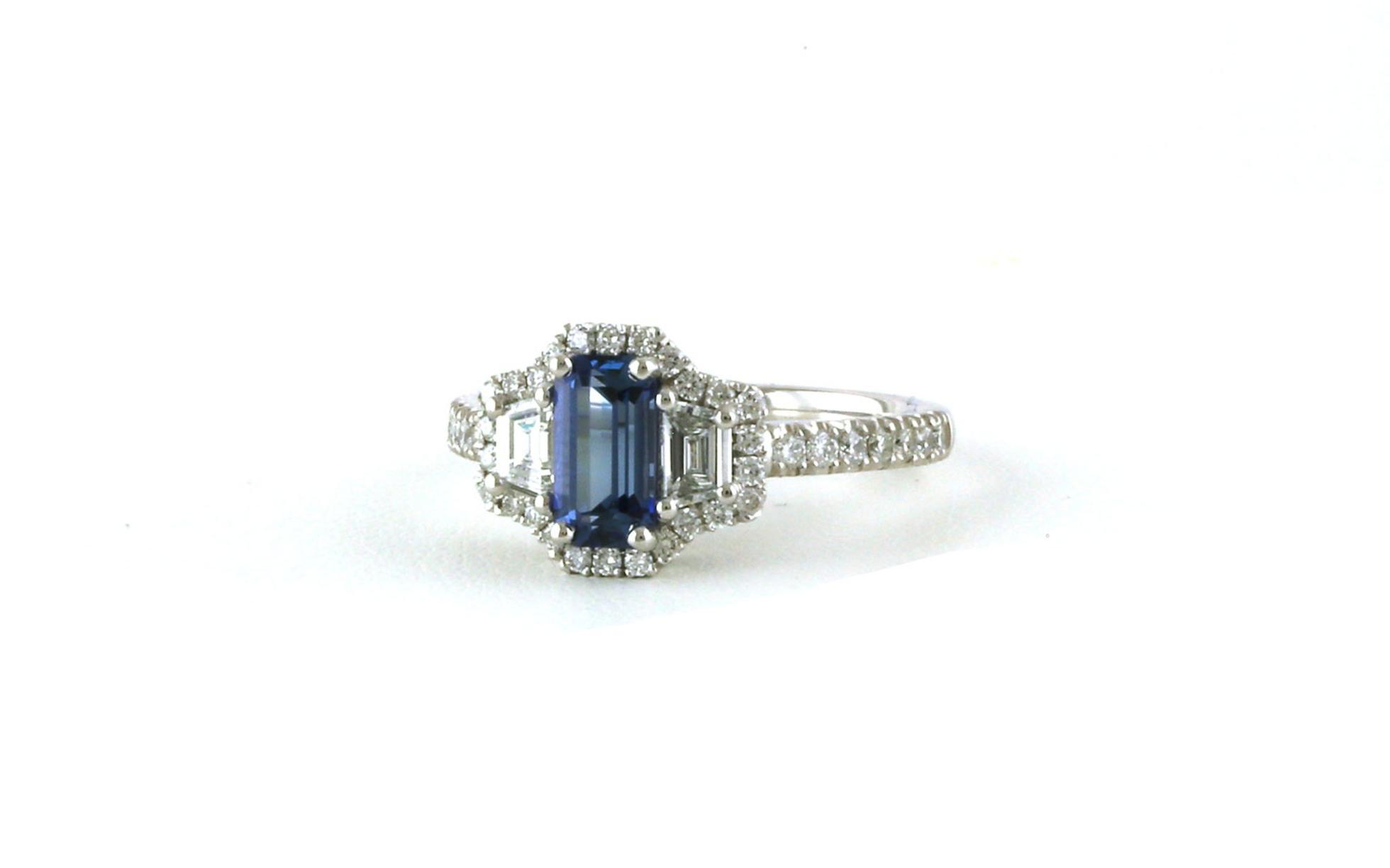 3-Stone Halo Emerald-cut Montana Yogo Sapphire and Trapezoid-cut Diamond Ring in White Gold (1.81cts TWT) angled