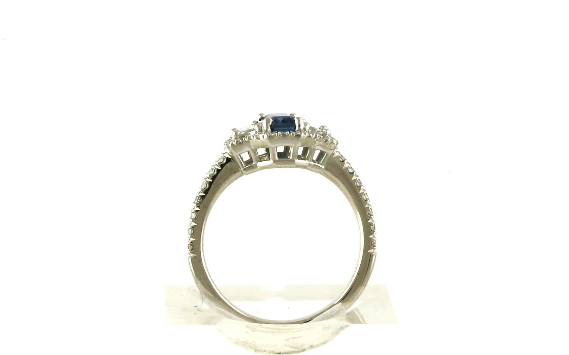 3-Stone Halo Emerald-cut Montana Yogo Sapphire and Trapezoid-cut Diamond Ring in White Gold (1.81cts TWT) side