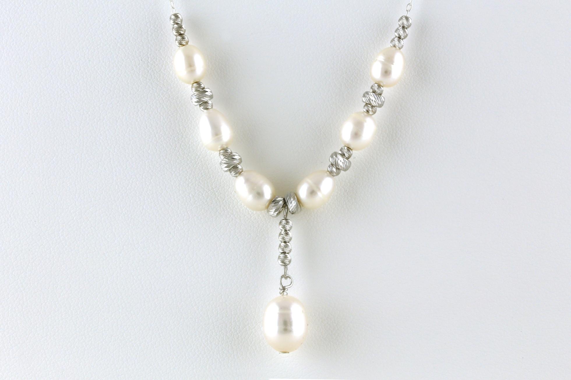 Y-Style Pearl and Sparkle Bead Station Necklace in Sterling Silver