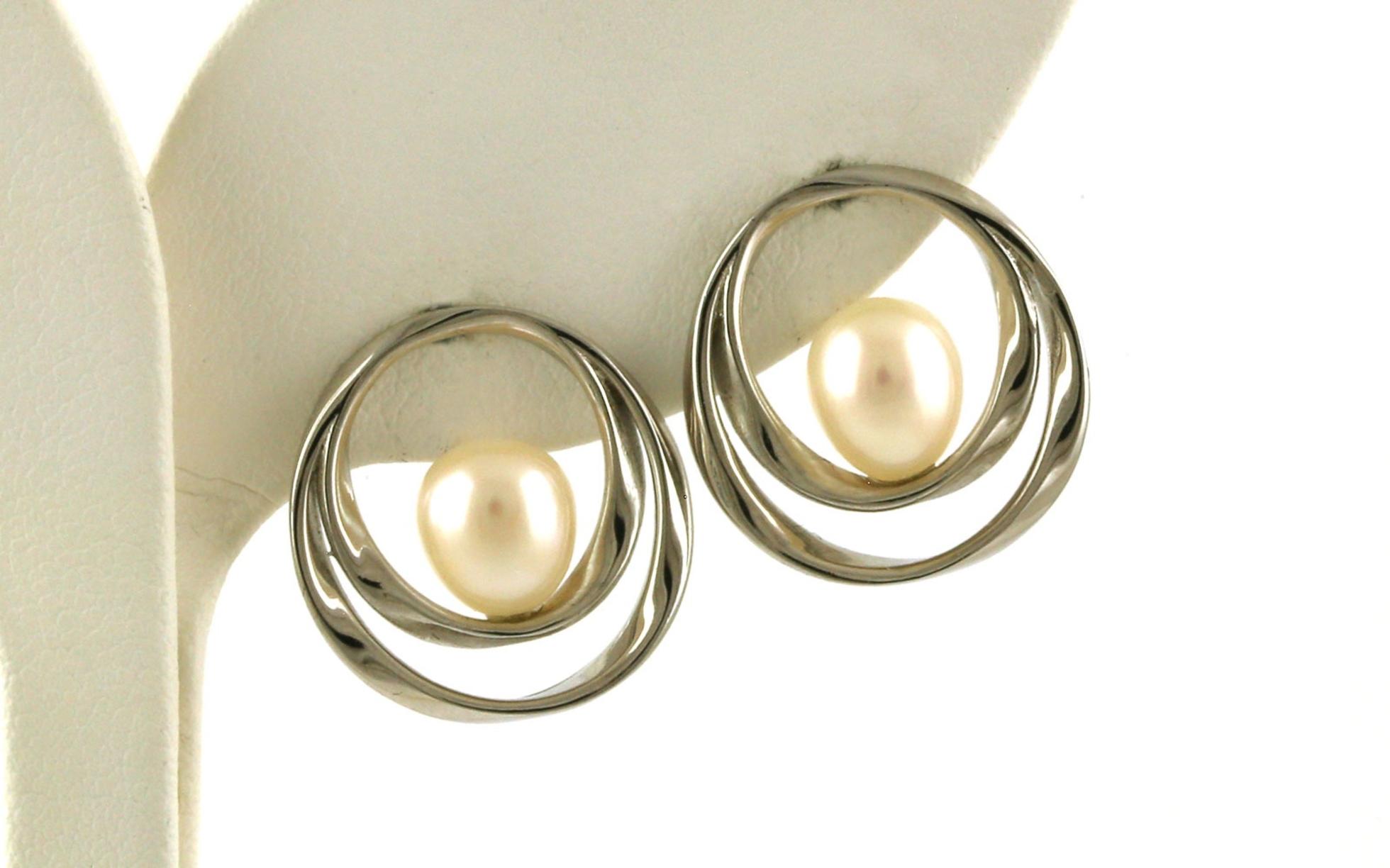 Double Circle Fresh Water Pearl Stud Earrings in Sterling Silver