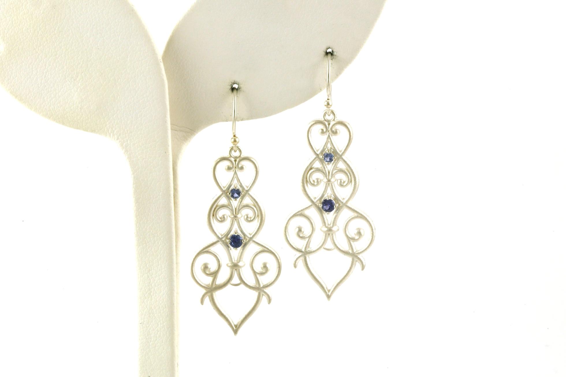 Filigree Montana Yogo Sapphire Dangle Earrings with Frosted Texture in Sterling Silver (0.22cts TWT)