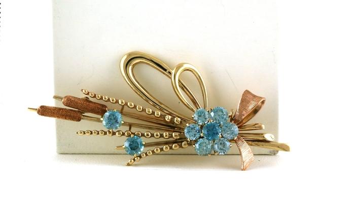 content/products/Estate Piece: Flower and Cattails Blue Topaz Pin/Brooch in Two-Tone Yellow and Rose Gold 