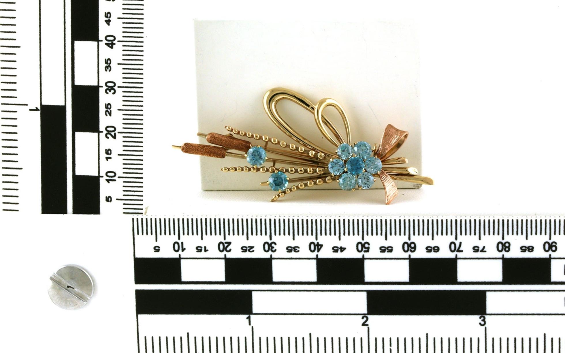 Estate Piece: Flower and Cattails Blue Topaz Pin/Brooch in Two-Tone Yellow and Rose Gold 