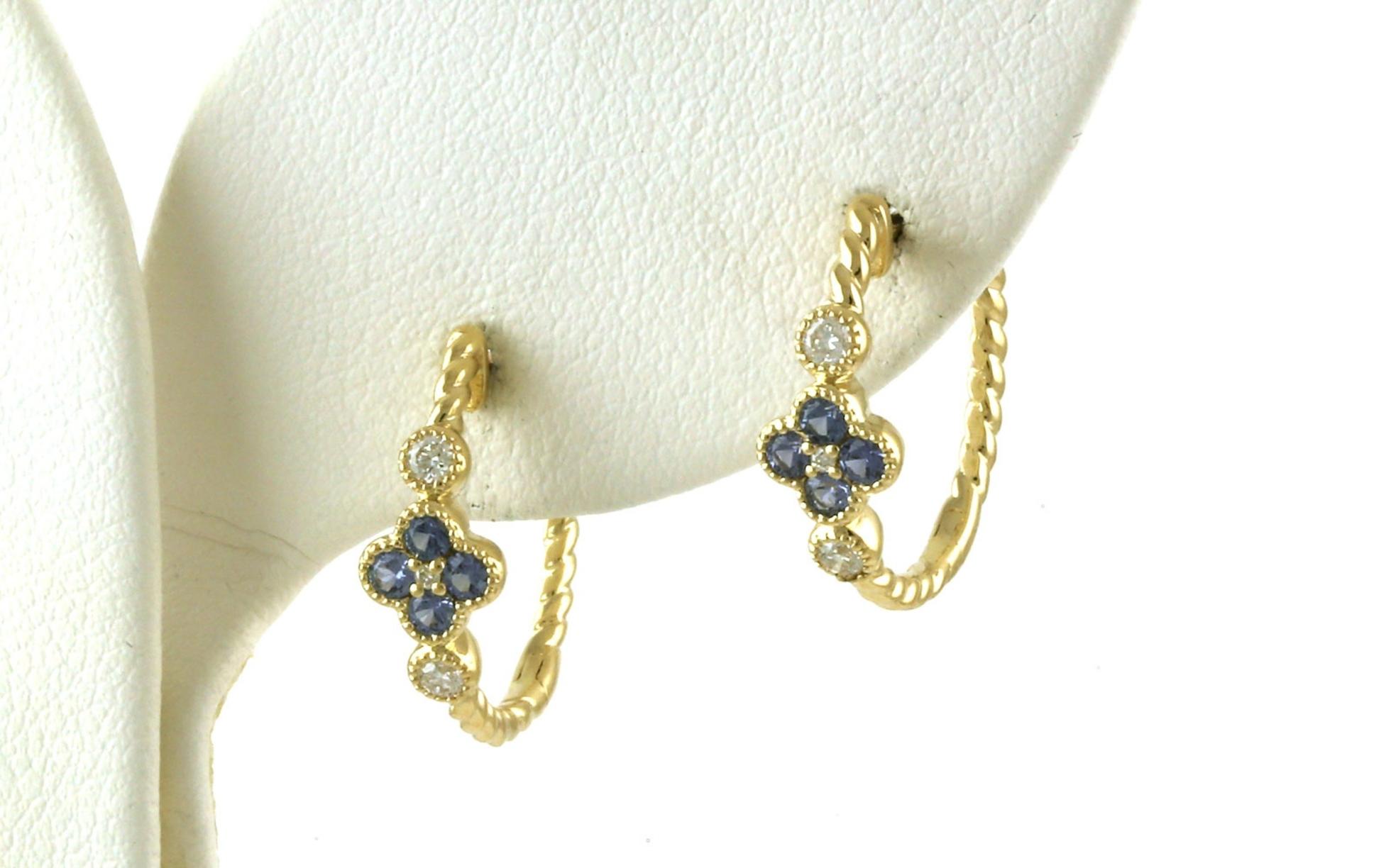 Floral Montana Yogo Sapphire and Diamond Cluster Hoop Earrings with Bead Detail in Yellow Gold (0.41cts TWT)