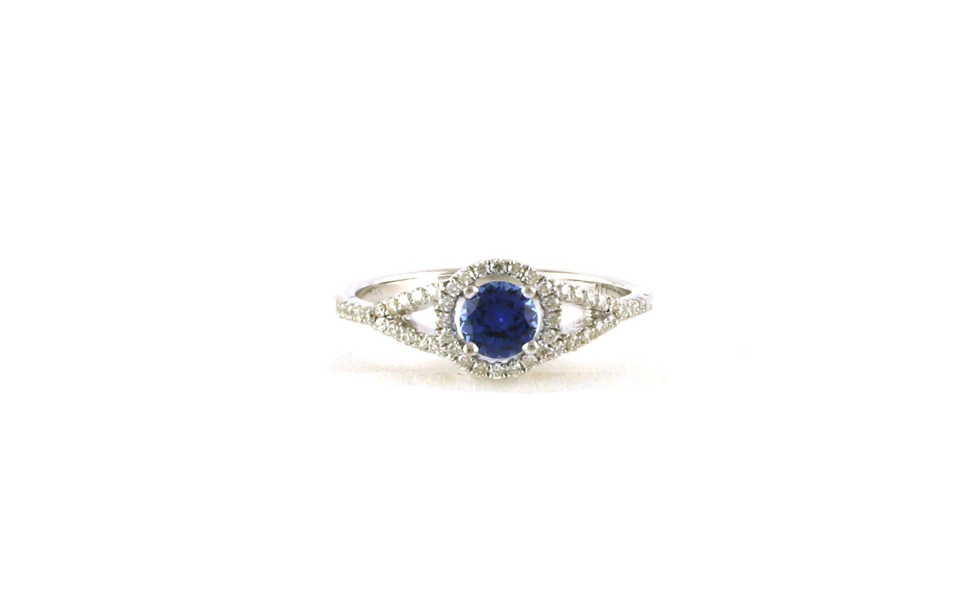 Halo-style Montana Yogo Sapphire and Diamond Split Shank Ring in White Gold (0.48cts TWT)