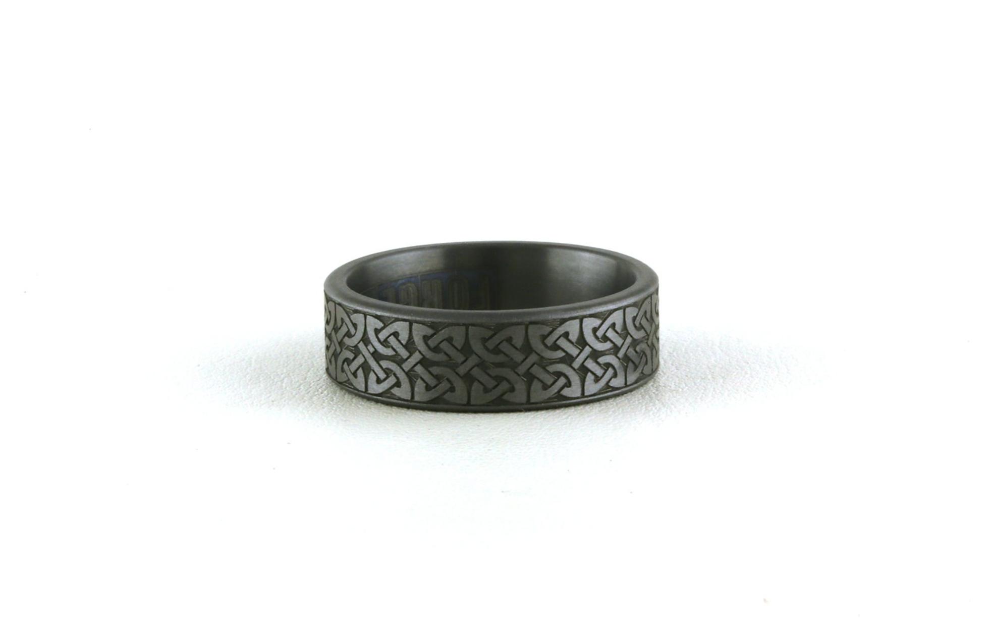 Flat Comfort Fit  Wedding Band with Quaternary Knot Pattern Laser Engraved Finish in Gray Tantalum (sz 10)