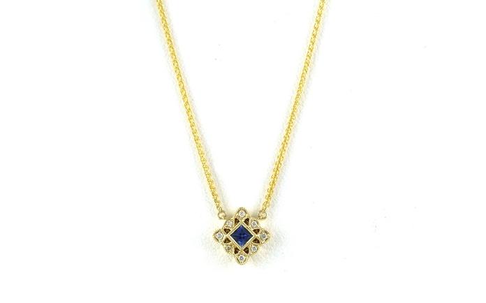 content/products/Vintage-style Halo Princess-cut Montana Yogo Sapphire and Diamond Necklace in Yellow Gold (0.22cts TWT)