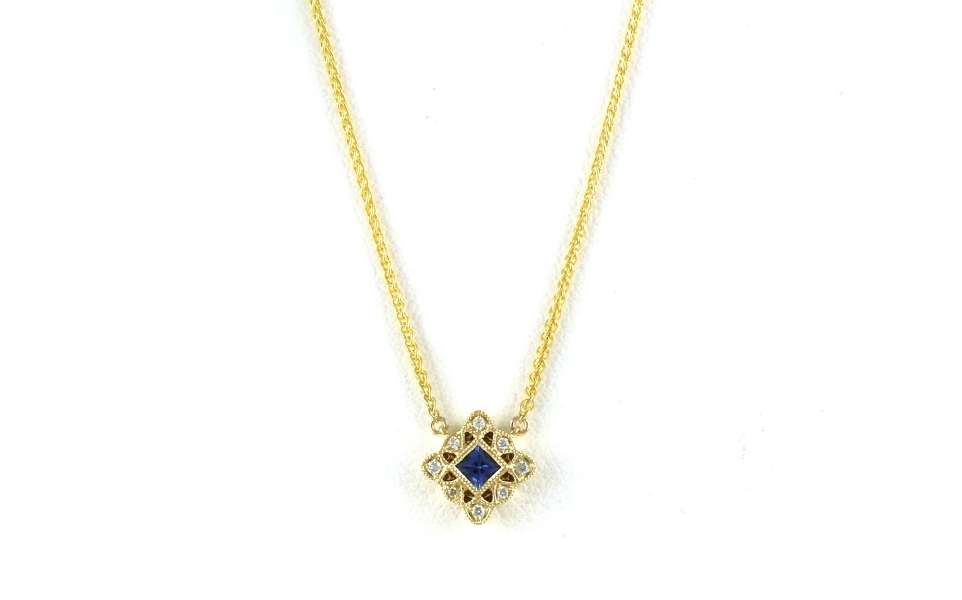 Vintage-style Halo Princess-cut Montana Yogo Sapphire and Diamond Necklace in Yellow Gold (0.22cts TWT)