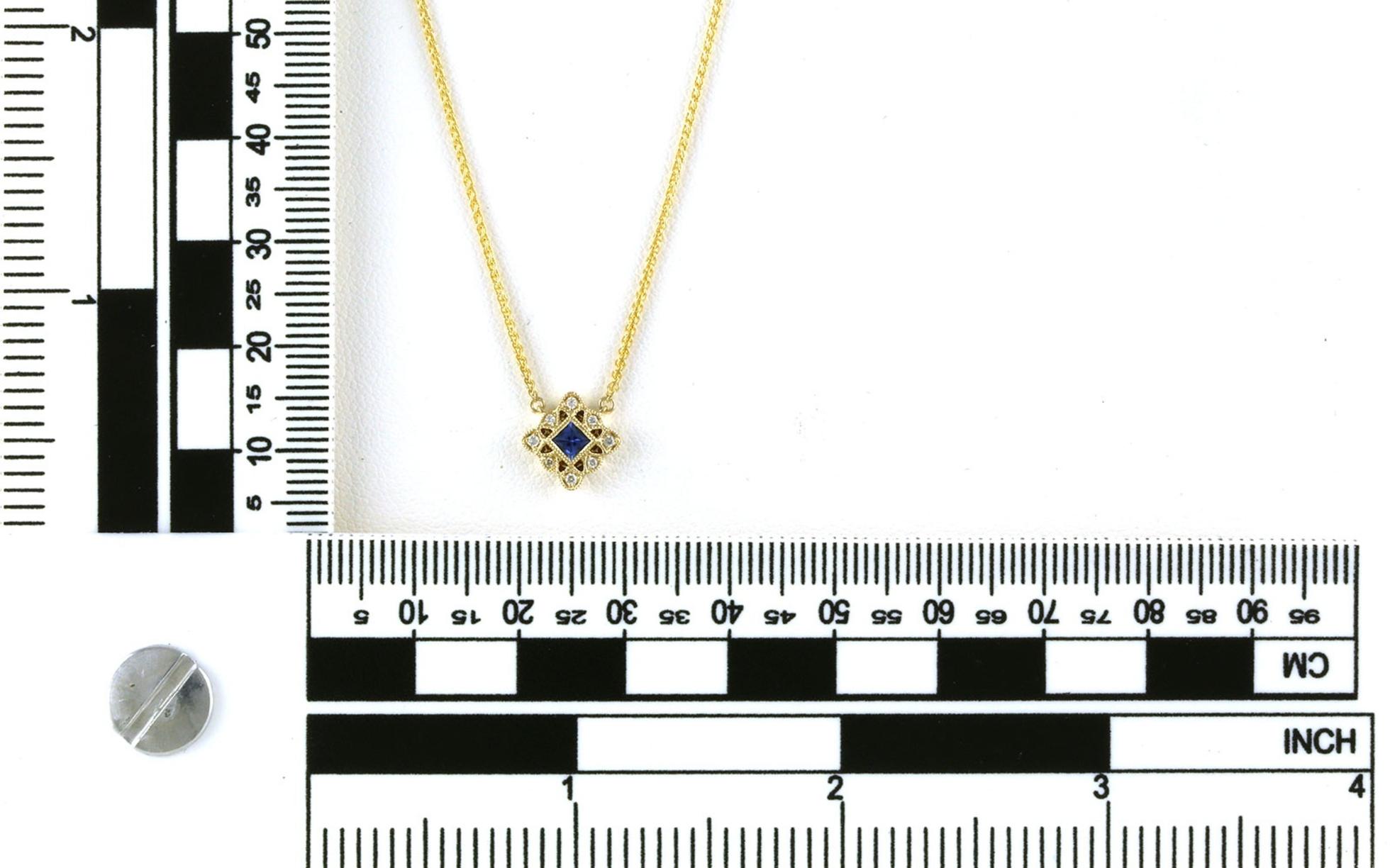 Vintage-style Halo Princess-cut Montana Yogo Sapphire and Diamond Necklace in Yellow Gold (0.22cts TWT) scale