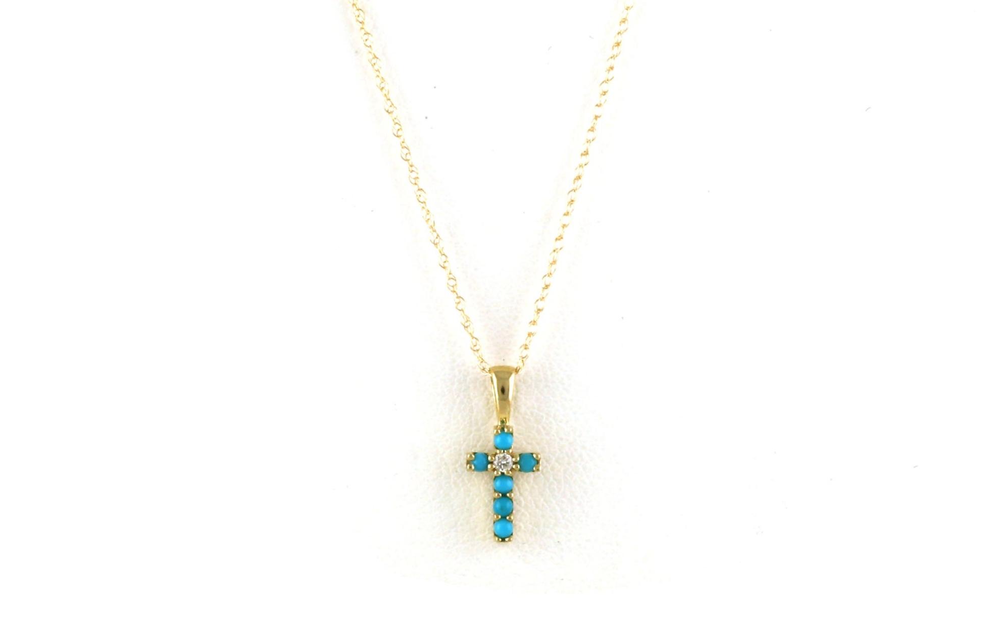 Petite Turquoise and Diamond Cross Necklace in Yellow Gold 